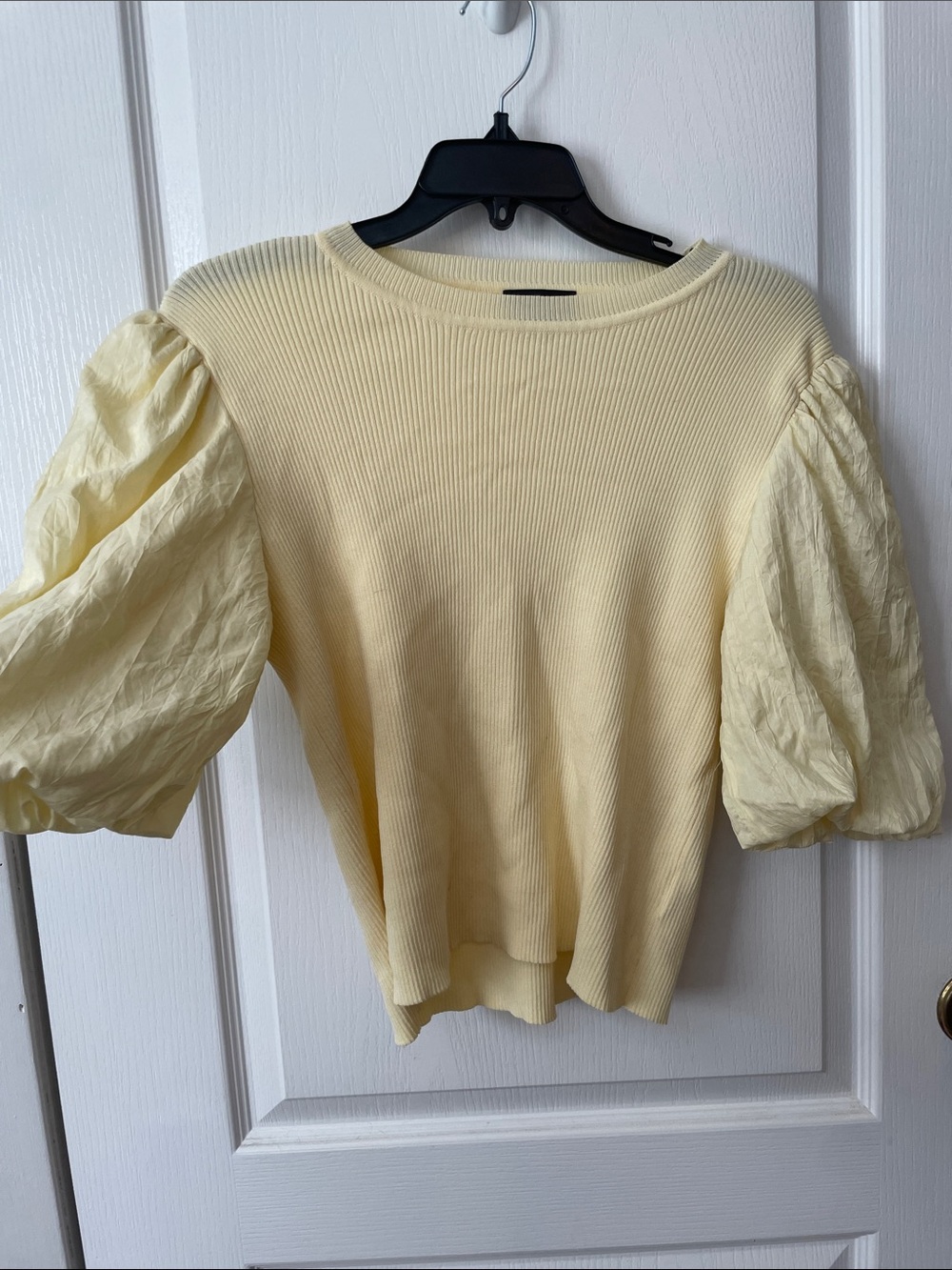 Lucy Paris Pale Yellow Puff-Sleeve Ribbed Knit Top